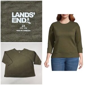 Lands’ End Quilted 3/4 Sleeve Crew Neck Top Medium Weight Moss Green